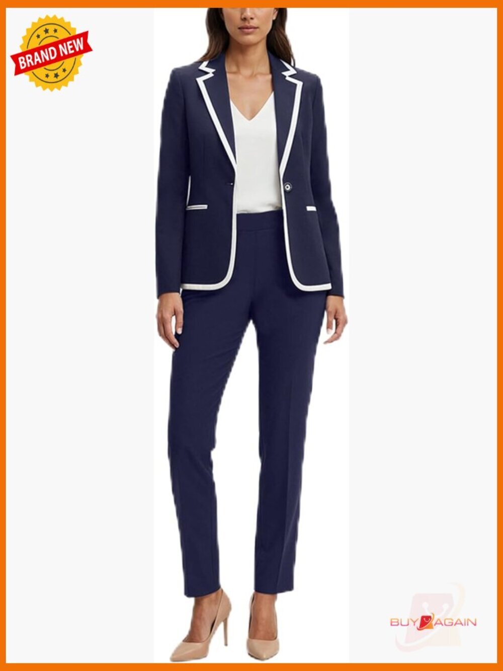 Women's Classic Fit Button-Front Pantsuit Set Long Sleeve Blazer & Trousers